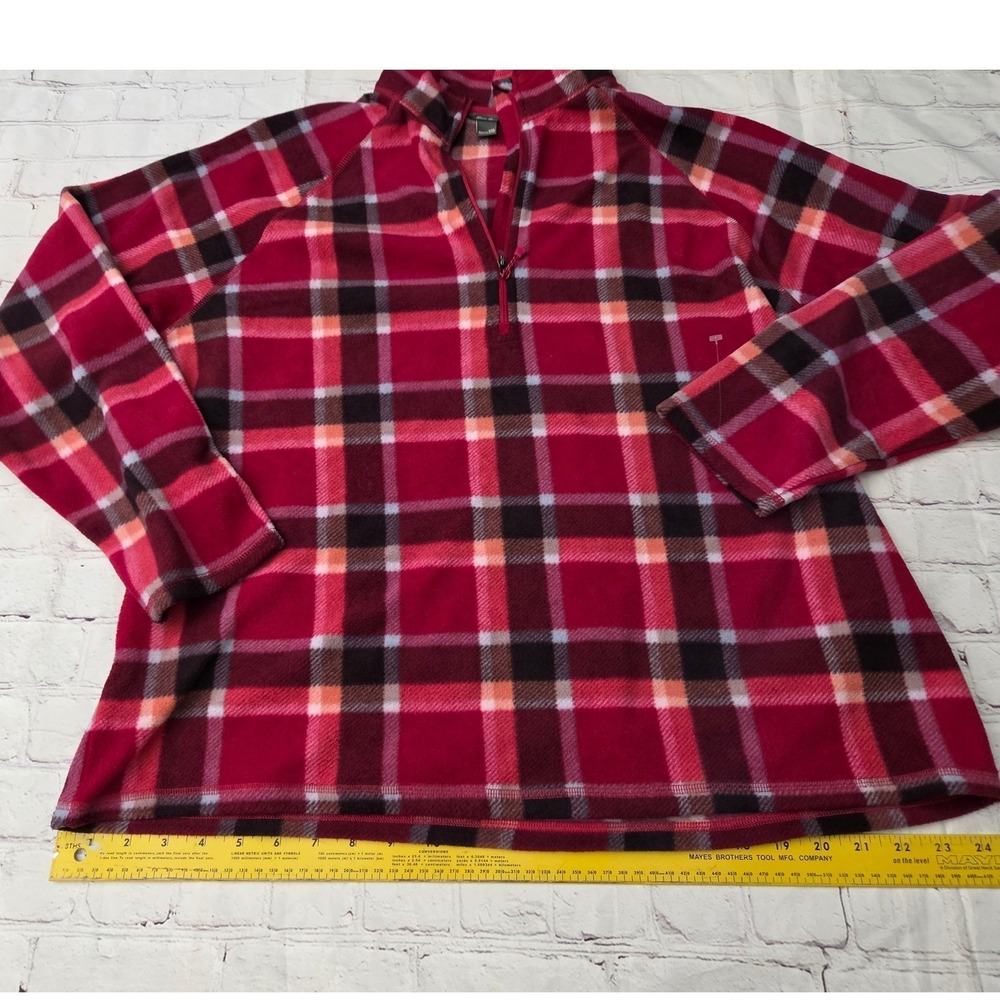Eddie Bauer Womens XXL Red Plaid Fleece Quarter Zip Pullover Long Sleeve Top
